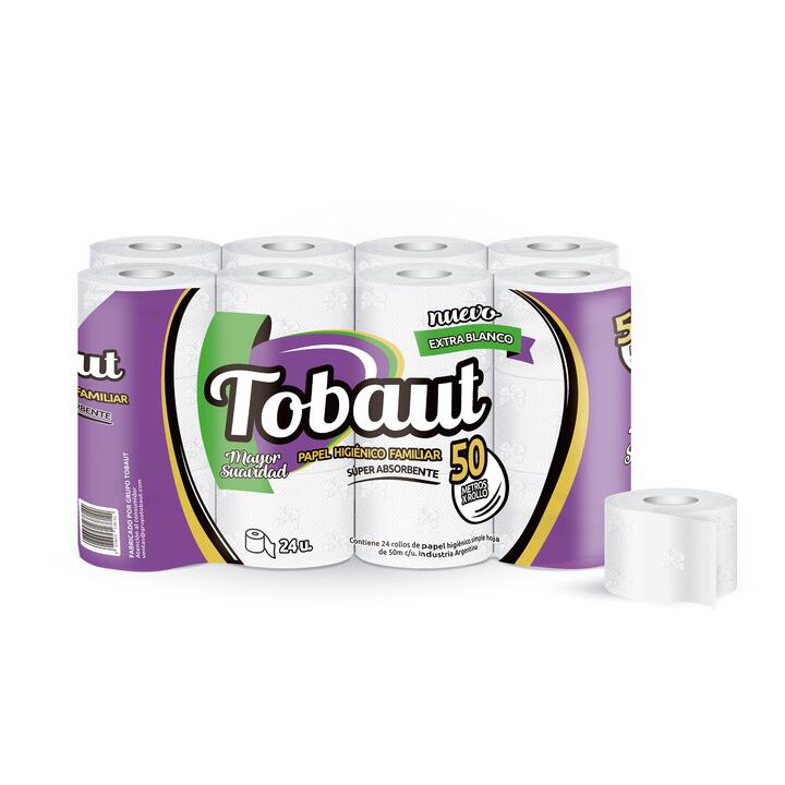 PAPEL HIGIENICO TOBAUT HOJA SIMPLE X 24 ROLLOS - 50 METROS - EXTRA BLANCO 